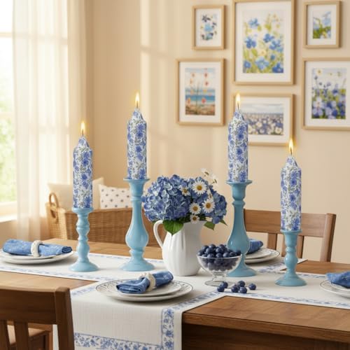 5 inch Short Blue Candle Floral Candle Sticks Printed Candlestick Handmade Unscented Taper Candle 4 Pack Flower Tapered Candles for Blue Home Dinner Wedding Holiday - Image 2