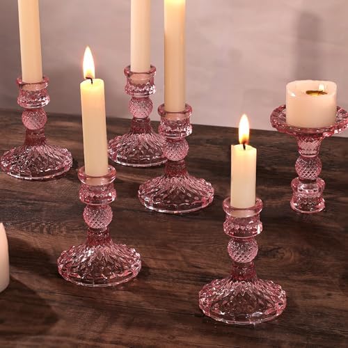 12Pcs Pink Candlestick Holders Set- 4" H Taper Candle Holders Bulk, Glass Candle Holders for Wedding, Party, Romantic Dinner Table Centerpieces, Festival Gifts & Windowsill Decor - Image 6