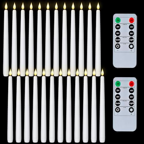 Homemory 11 inches White LED Taper Candles, 24 Pcs Flameless Taper Candles with Remote Timer Dimmer, Plastic Battery Operated Candlesticks with Flickering Flame for Halloween Christmas Wedding Party by Homemory