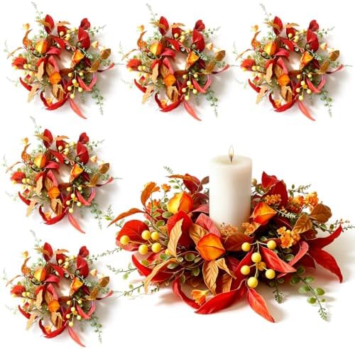 6 PCS Fall Candle Ring Wreaths Artificial Autumn Candle Holder Wreath by Unknown
