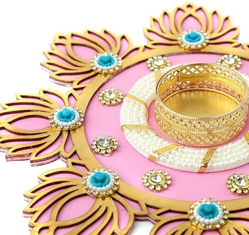 Aditri Creation Decorative MDF Lotus Rangoli with T-Light Candle Holder Stand for Indian Cultural Festival Gifts Made up of Golden Embroideries New Year Gifting Idea Home Decor(Size:-8")(Light Pink) - Image 3