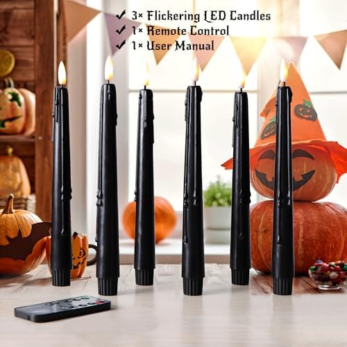 Stmarry Black Flameless Taper Candles with Remote and Timer - 9.65 Inch Real Wax LED Candlesticks - Wax Drip Battery Operated Halloween Taper Candles with 3D Flickering Flame Halloween Decor, 3 Pack - Image 5
