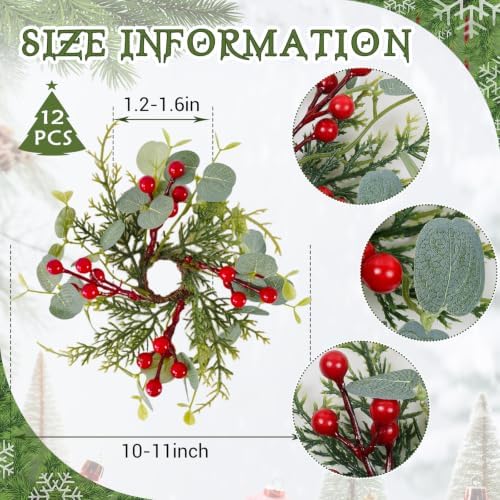 12 PCS Christmas Pine Taper Candle Rings Wreaths 1.38" Mini Norfolk Cedar Taper Candle Holder Wreaths Candle Rings with Berry for Xmas Winter Holiday Church Home Table Centerpiece Candlesticks Decor - Image 3