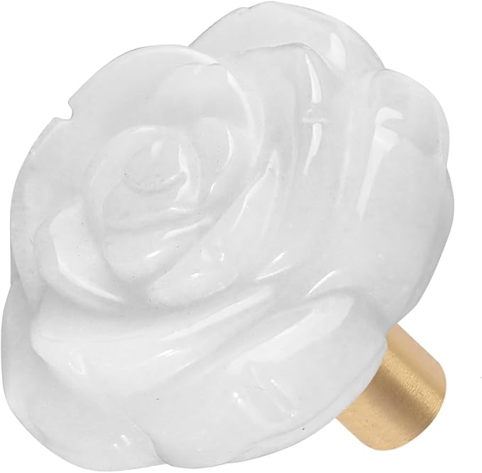 mookaitedecor Set of 4 Natural White Jade Crystal Cabinet Knobs with Screws, Decorative Floral Stone Drawer Pulls for Dresser Door Kitchen