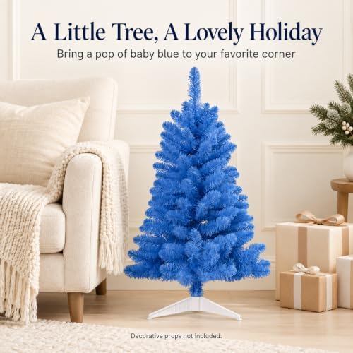 3FT Artificial Christmas Tree with String Lights – Tabletop Small Xmas Tree for Desk, Office, or Small Spaces – Full Branches, Easy Assembly, Holiday Decoration (Baby Blue) - Image 2