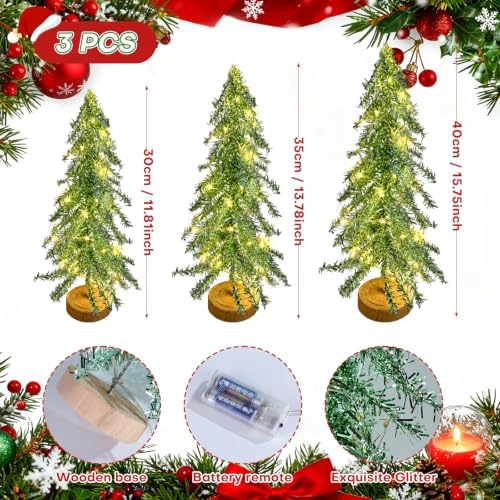 3 Pcs Mini Christmas Tree with Lights, Artificial Bottle Brush Trees with Wooden Bases Christmas Table Decor Small Trees with LED Light String for Decorations，Green - Image 2