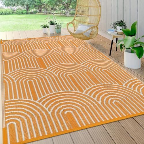 Lahome Outdoor Patio Rug Waterproof 9x12,Camping Rug for Outside Your Rv,Large Portable Lightweight Plastic Straw Carpets for Beach Backyard Garden(Orange,9'x12')