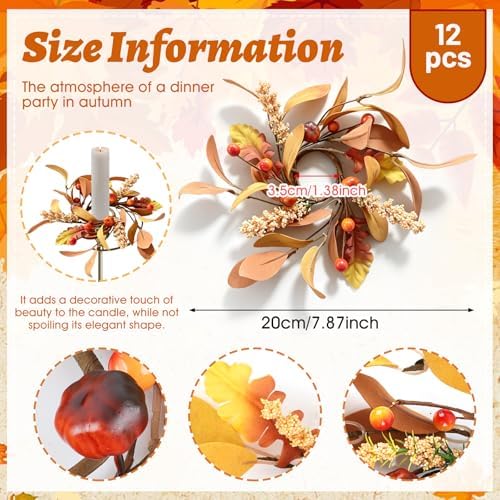 12 PCS Fall Taper Candle Rings Wreaths 1.38" Pumpkin Berries Wheat Taper Candle Holder Wreaths Thanksgiving Autumn Harvest Mini Floral Wreath for Pillar Candle Farmhouse Home Table Candlesticks Decor - Image 3