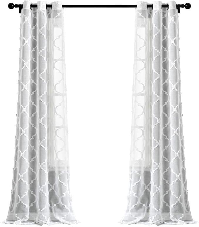 Lush Decor Avon Trellis Grommet Sheer Window Curtain Panels Pair 38" W x 84" L White - Sheer Curtains for Living Room - Modern Farmhouse Bedroom Curtains