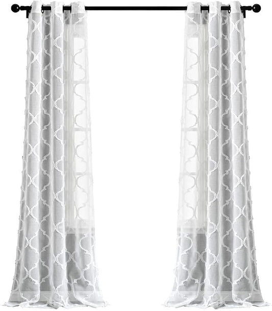 Lush Decor Avon Trellis Grommet Sheer Window Curtain Panels Pair 38" W x 84" L White - Sheer Curtains for Living Room - Modern Farmhouse Bedroom Curtains