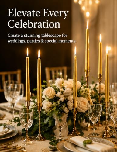10 Inch Metallic Gold Taper Candles - Set of 12, 7-8 Hrs Long Burning, Dripless Smokeless Unscented Candlesticks, Premium Wax Blend for Wedding Christmas Dinner Parties and Luxury Home Decor - Image 3
