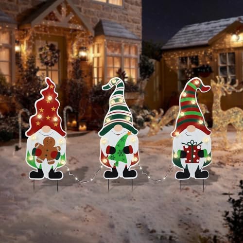 Afirst 3PCS Christmas Yard Stakes Light Up 3D Gnomes Outdoor Garden Decor by Afirst