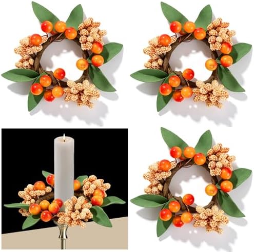 4 PCS Fall Taper Candle Rings Wreaths 1.38" Mini Thanksgiving Taper Candle Holder Wreaths with Berries Leaves Autumn Harvest Table Centerpieces Wreath for Wedding Farmhouse Home Candlesticks Decor by Unknown