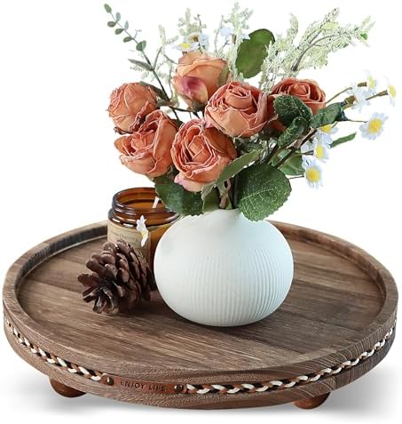 Farmhouse Decorative Round Tray, 11.81 Inch, Versatile Centerpiece Tray for Coffee Table Kitchen Living Room Bathroom, Home Decor Accent Rustic + Stripes by Unknown