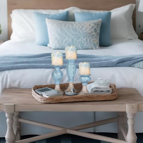 Sziqiqi Farmhouse Coastal Candle Holder: Blue Pillar Candle Holder Set of 3 - Image 3