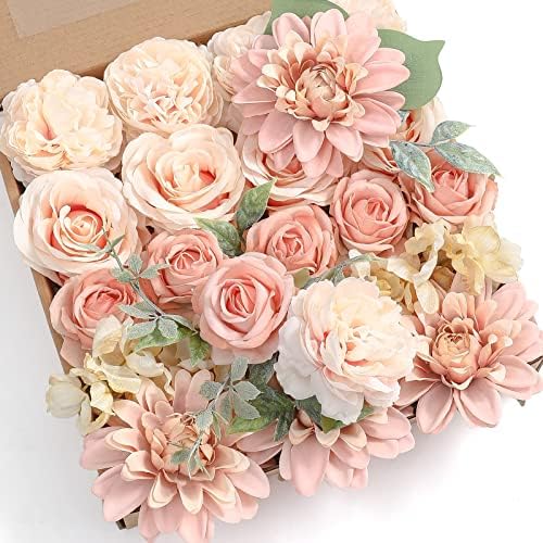YYHUAWU Artificial Flowers Combo Box Set Gradient Color Flower Leaf with Stems for DIY Wedding Bouquets Centerpieces Baby Shower Party Home Decorations Peach by YYHUAWU