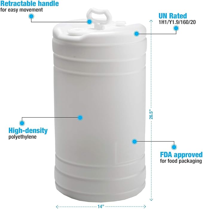 15 Gallon Drum | Tight Head Drum | Water Storage | Chemical Storage | 2" & 3/4" Fittings | Food Grade | BPA Free | HDPE |UN Rated | Natural Color