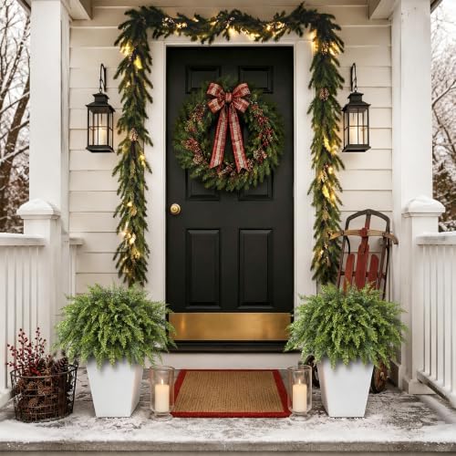 2Pcs Artificial Cedar Potted Plant Christmas Greenery for Front Porch Decor - Image 2