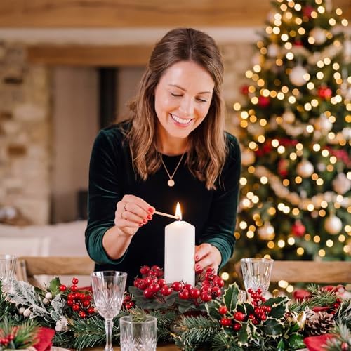 Daifunli 2 Pcs Christmas Red Berry with Leaf Candle Ring Artificial Berry Bell Wreaths for Pillar 2.25 Inch Candles Holder for Winter Christmas Country Wedding Kitchen Table Centerpiece Decor - Image 2