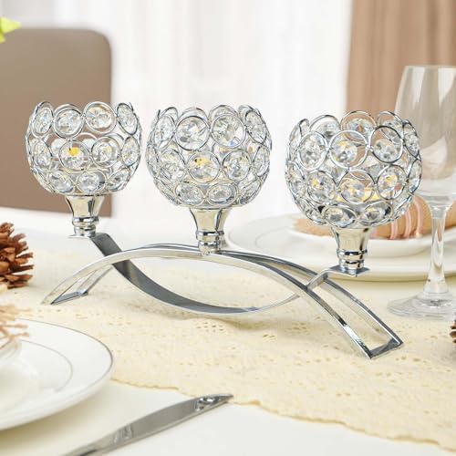 Crystal Tealight Candle Holder Centerpiece Home Decorative Candlestick Holder Elegant Table Centerpiece Home Decor Wedding Party Anniversary (Silver, 3 Arm of 4 Pcs) - Image 4