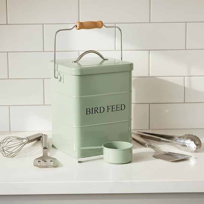 Morezi Bird seed and feed storage tin with lid Included Green-coated Metal Tight Fitting Lids - storage canister tins