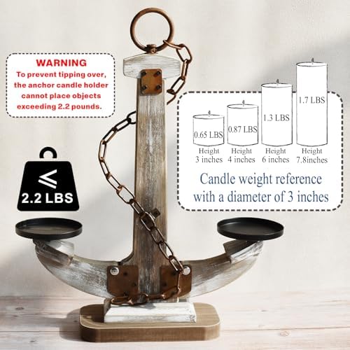 Wooden Anchor Candle Holder for 2 Candles，Rustic Candlestick Stand for Table Centerpiece ，Tall Candlestick with Unique Anchor Design for Home, Nautical,Beach & Lake House Decor（Brown） - Image 3