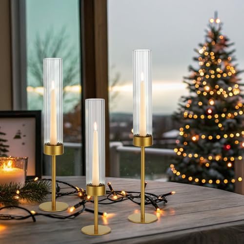 Set of 6 Ribbed Glass Hurricane Candle Holders Gold Metal Base - Image 4
