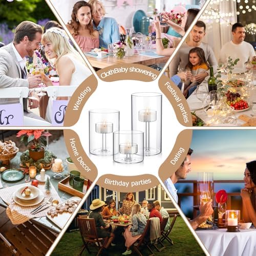 12 Set Hurricane Glass Candle Holders Pillar Votive Hand Blown Clear Cylinder Vase Modern Rustic Table Centerpieces Bulk 3 Sizes (2.8''/4.3''/6'' H) - Image 6