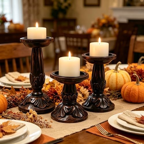 Hosley Set of 3 Wood Pillar Candle Holders 8", 6", 4.25" High Dark Brown Wooden Candlestick Set for Table Centerpiece Ideal for LED & Wax Candles, Rustic Home Decor, Wedding, Party, Spa, Reiki - Image 5