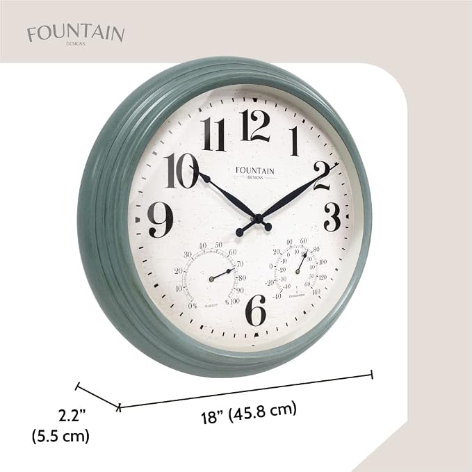 18 Inch Maison in/Outdoor Clocks Waterproof, Large Outdoor Clock Thermometer Combo, 3 in 1 Weather Stations,Aged Teal
