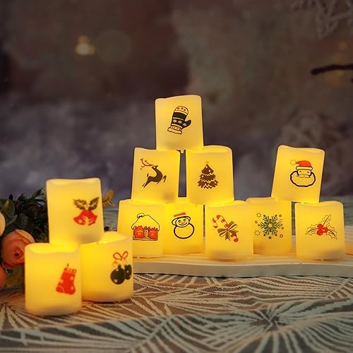Battery Operated Flameless LED Votive Candles with Christmas Decals 12 PCS - Image 7