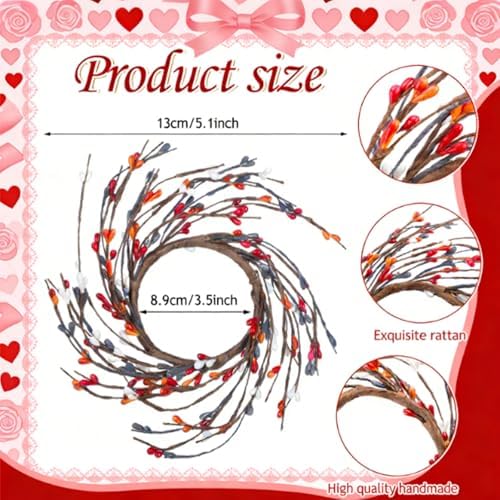 Daifunli 2 Pcs Valentine's Day Primitive Berry Candle Ring 3.9 Inch Rustic Farmhouse Red Berries Candle Ring Wreath for Pillar Candles Holder for Valentine Spring Table Centerpiece Decor - Image 2