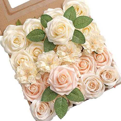 YYHUAWU Champagne Artificial Flowers Box Set Gradient Color Foam and Silk Fake Flowers with Stems for DIY Wedding Bridesmaid Bridal Bouquets Centerpieces Party Home Decoration by YYHUAWU
