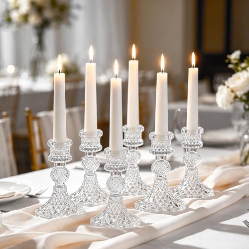 6 Pack Glass Taper Candlestick Holders, Clear Candlestick Holders, 4" H Crystal Candle Holders Decorative Candle Stand Centerpiece for Wedding, Festival, Dinning Party Table Decor by AUMAYCO