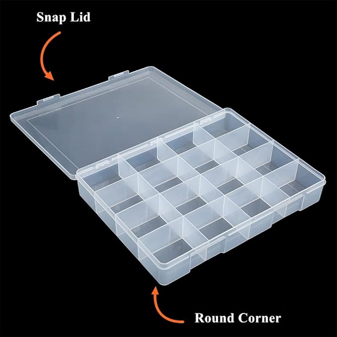 2 Pack Fixed 16 Grids Clear Plastic Large Compartment Container Case, Transparent Organizer Storage Divider Box with Lid for Bead, Button, Hardware, Screw, Sewing Kit, Craft Supplies