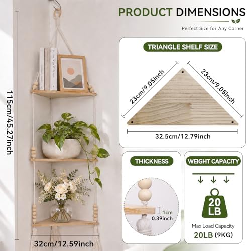 Artilady Macrame Corner Shelf Wall Hanging 3-Tier Adjust Boho Storage Decor - Image 5