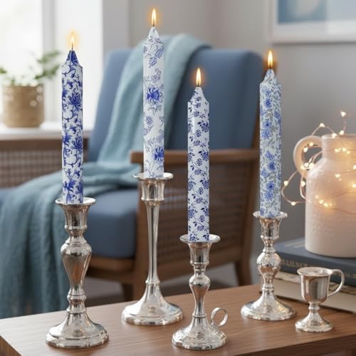 Flowers Printed Candle Taper Candles 9 inch - 4 Pack Blue and White Porcelain Candle Dripless, Smokeless, Unscented Tall Candlesticks - Perfect for Home Decor, Weddings, and Special Occasions - Image 5