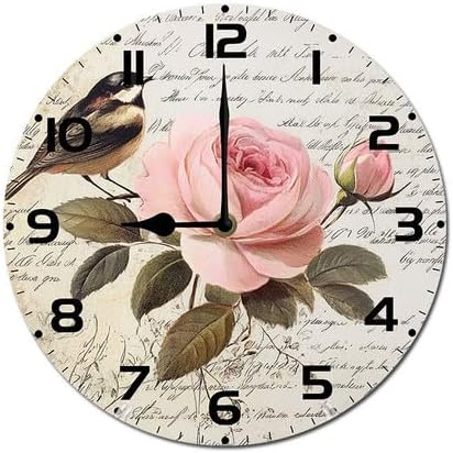 Love Birds Roses Flowers Wooden Silent Non-Ticking 10 Inch Round Clocks Battery Operated Analog for Living Room Kitchen Bedroom Bathroom Office Home School Decor