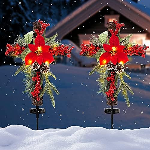 Solar Christmas Decorations Outdoor LED Lights, Xmas Waterproof Cross Stake, Cemetery Grave Decorations,Faux Pine Cones and Foliage Ornament Stakes for Garden Lawn Yard Cemetery, Set of 2 by SOWSUN