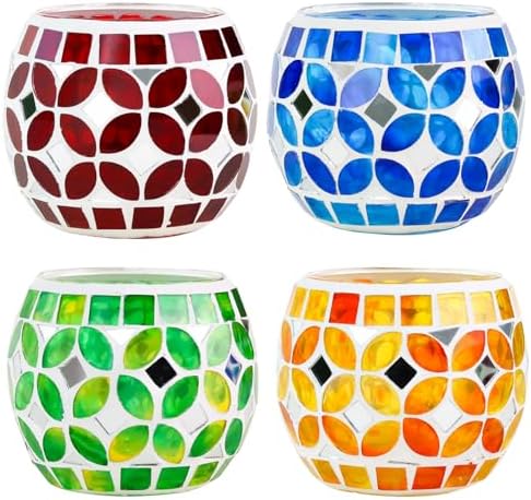 SHMILMH Mosaic Candle Holders Set of 4, Handmade Glass Tealight Votive Holders, Vibrant Red Yellow Blue Green for Diwali Christmas Wedding Party Decor, Year-Round Festive Centerpiece by SHMILMH