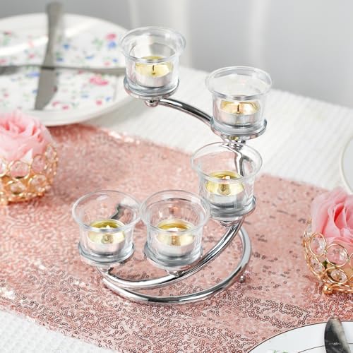 5-Piece Glass Tea Light Candle Holder Set, Black Metal Spiral Stand, Rotating Centerpiece for Table Decor (2, Silver) - Image 5