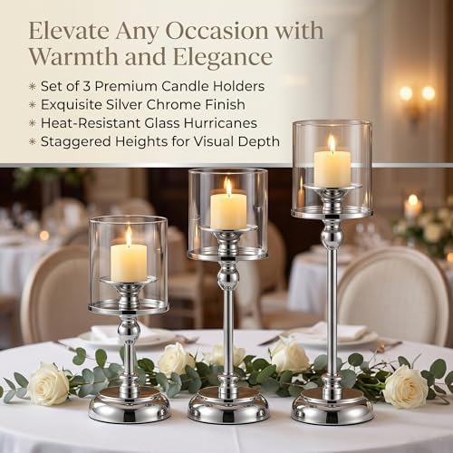 3PCS Sliver Hurricane Candle Holders, Glass Hurricane Candlestick Holders for Pillar Candles, Tall Metal Candle Holders with Removable Glass Shade for Wedding Centerpieces, Dining Table Decor - Image 6