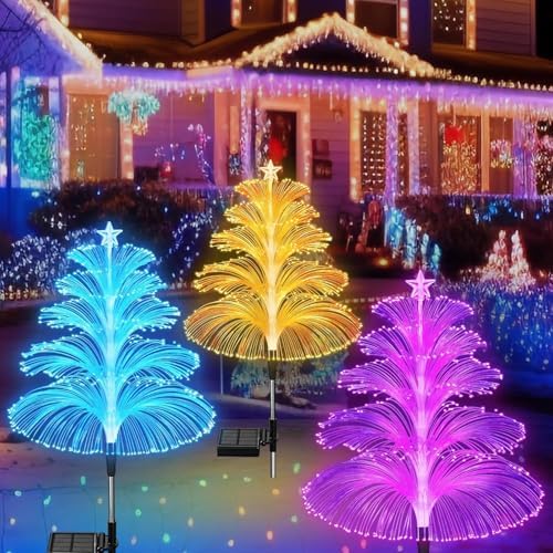 Solar Christmas Decorations Trees Lights Outdoor Waterproof Solar Christmas Tree Jellyfish Lights 5 Layer Optical Fiber 7 Color Changing for Pathway Lawn Patio Outside Decorative, 3PCS by cltowany