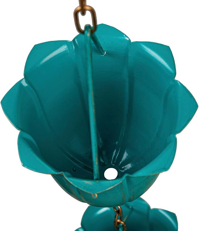Evergreen Garden Blue Flower Cups Metal Rain Chains for Gutters | 6 ft. Long | Rain Catcher Chain Replacement Downspout | Decorative Rain Chains for Outside Garden Balcony Porch