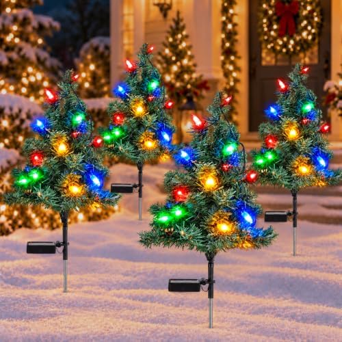 Solar Christmas Trees for Outside Decorations, Mini Pathway Lights, 4 Pack by JOHUNT