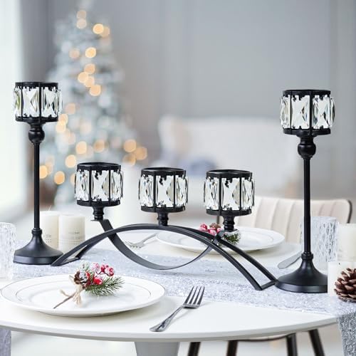 Black Set of 3 Crystal Candle Holders Arched - Elegant Tabletop Candelabra Centerpiece for Weddings, Dining Room Decor, Modern Home & Cabinet Display Housewarming - Image 6