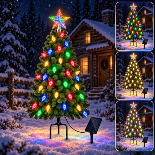 Solar Outdoor Lighted Christmas Tree 4FT, Warm White/Multi‑Color by HELESIN