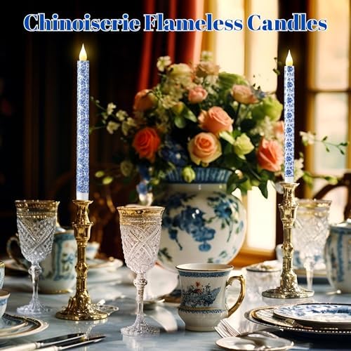 6 Pcs Blue and White Chinoiserie Flameless Candles – 10.6 Inch Porcelain Style Taper Candlesticks, Battery Operated LED Blue Candles for Wedding, Home & Table Centerpiece Decor - Image 5