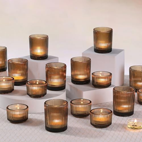 NITIME 20pcs Ribbed Amber Votive Candle Holders, Assorted Glass Tea Light Candle Holders for Fall Decor, Amber Candle Holders for Wedding Centerpieces, Thankgiving and Christmas Decorations by NITIME