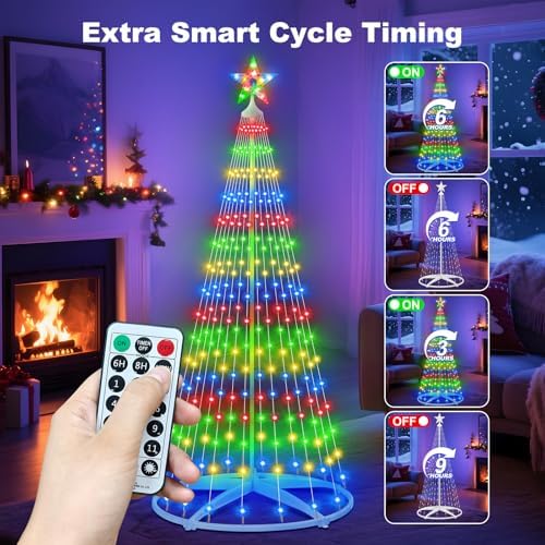 6ft Outdoor Christmas Cone Tree Lights with 252 LEDs & Star Topper, Remote Control, 11 Modes, Dimmable, IP65 Waterproof, Timer for Indoor Outside Yard Holiday Decoration - Image 5